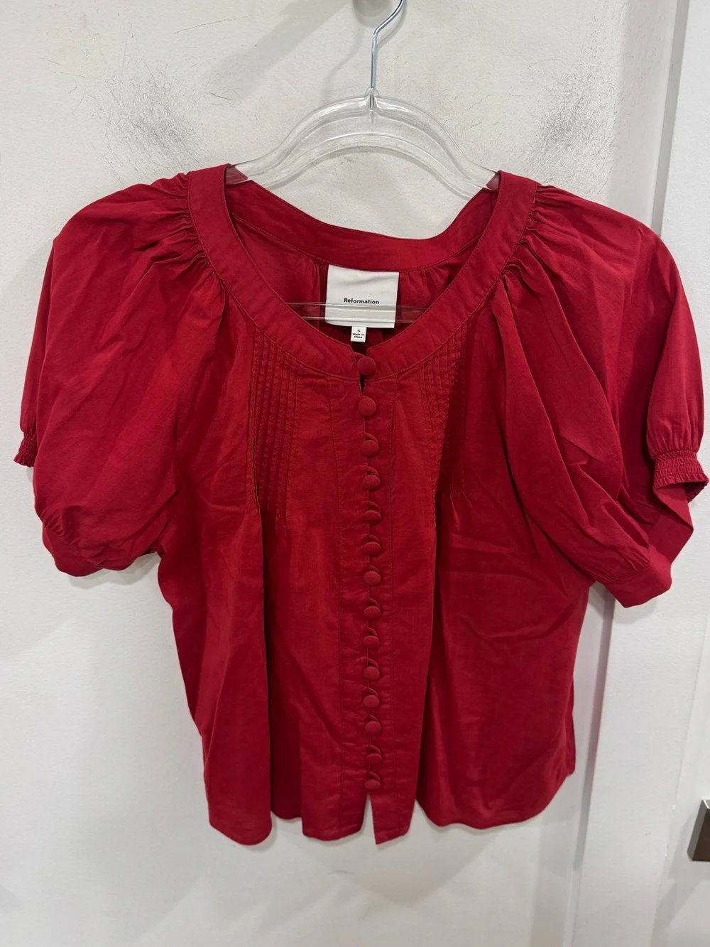 Reformation Burgundy Button-Front Puff Sleeve Blouse